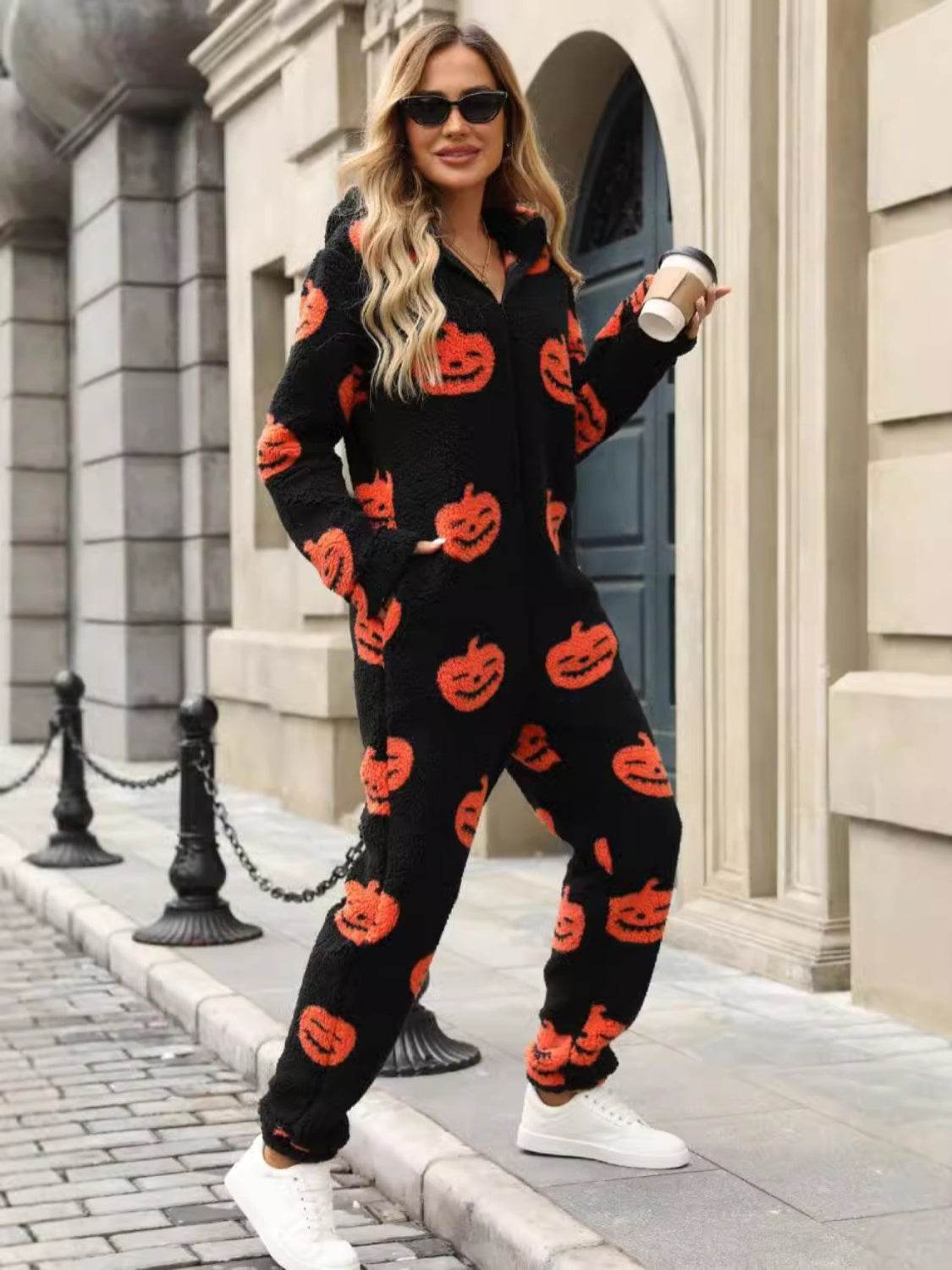 Fuzzy Pumpkin Half Zip Hooded Jumpsuit - Selvanelle