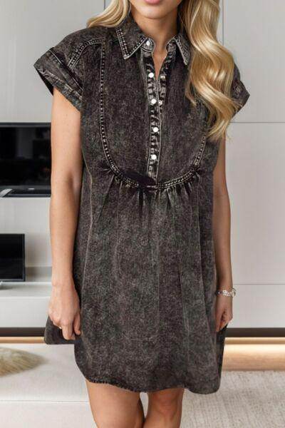 Half Snap Cap Sleeve Denim Dress for Women Stylish Fit - Selvanelle