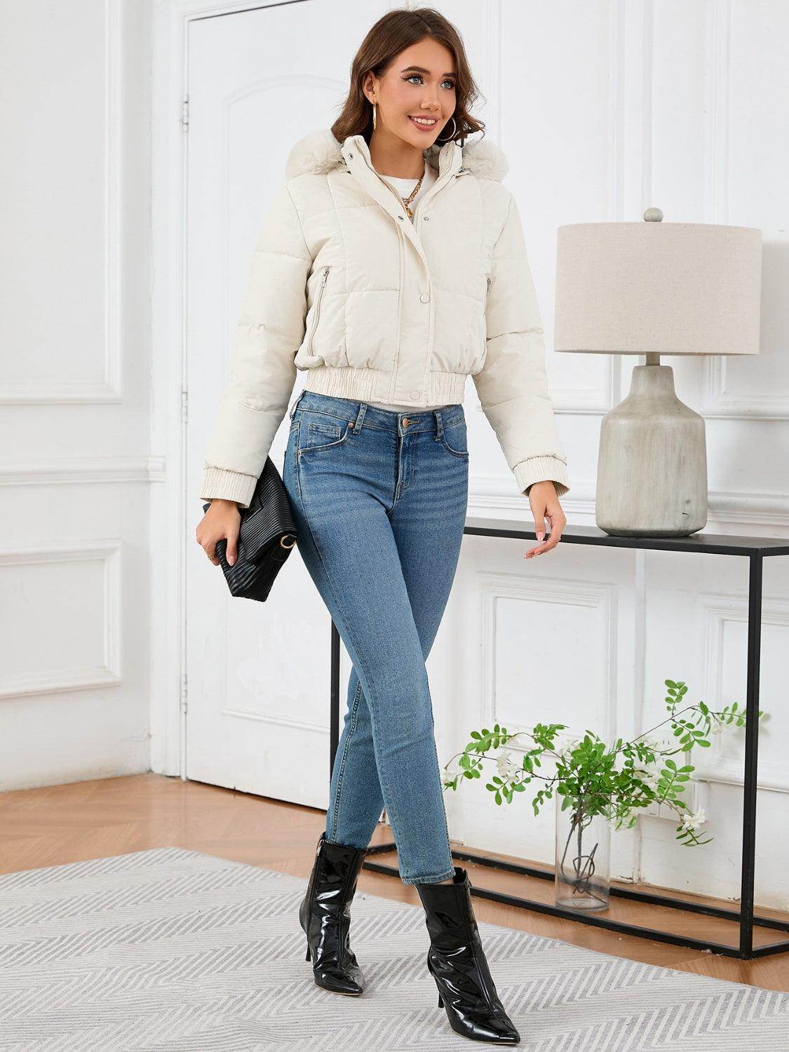 Pocketed Long Sleeve Cropped Hooded Winter Coat for Women - Selvanelle