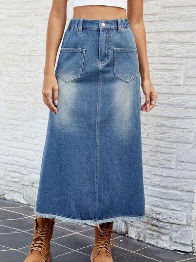 Raw Hem Buttoned Denim Skirt with Pockets for Women - Selvanelle