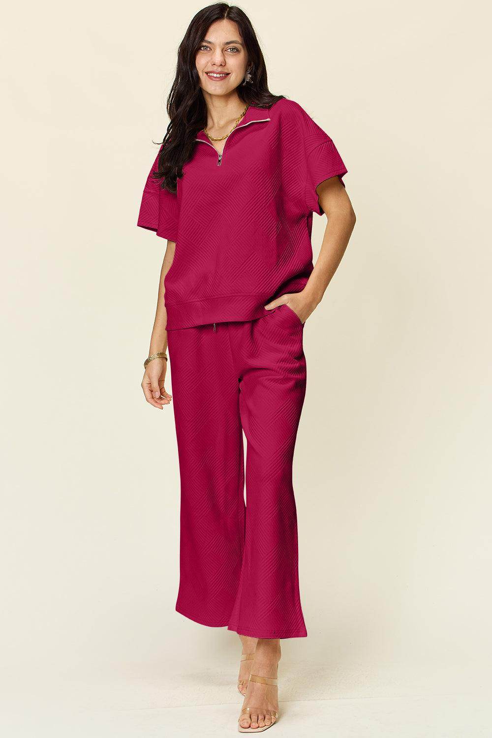 Double Take Full Size Texture Half Zip Short Sleeve Top Set - Selvanelle