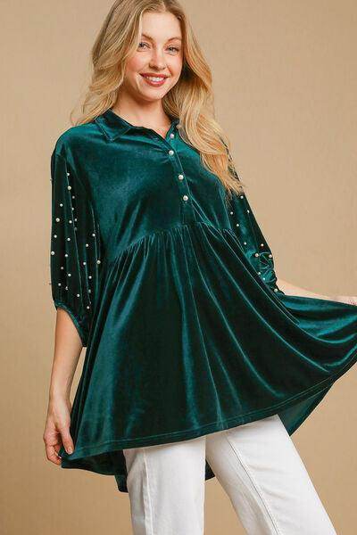 Umgee Pearl Detail Half Sleeve Velvet Babydoll Blouse - Selvanelle