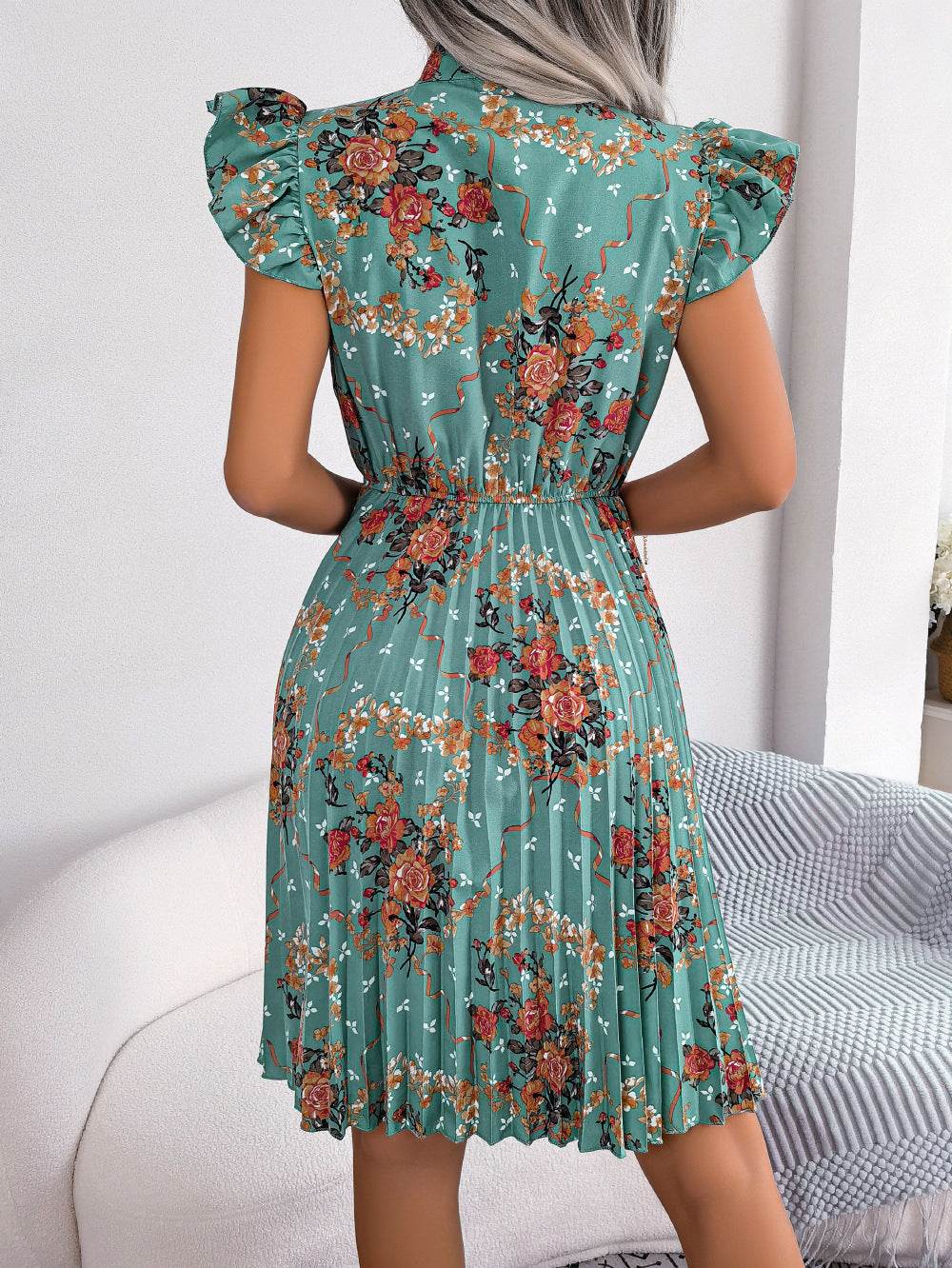 Pleated Floral Printed Tie Neck Knee Length Dress - Selvanelle