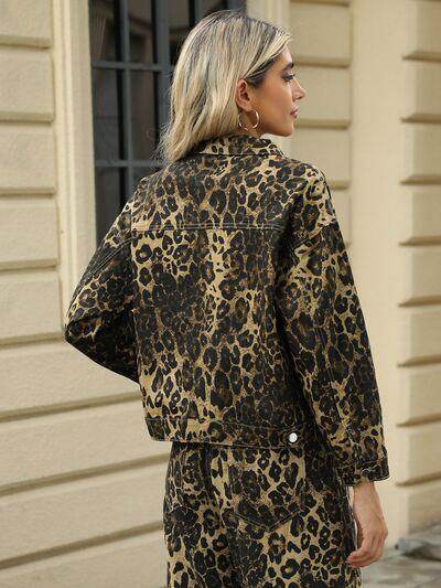 Pocketed Leopard Long Sleeve Denim Jacket for Women - Selvanelle