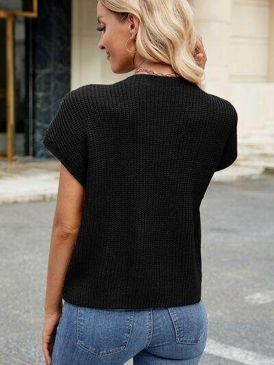 Round Neck Short Sleeve Sweater with Pocketed Stretch - Selvanelle