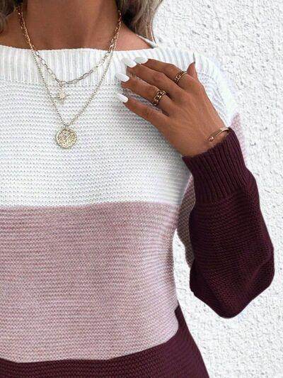 Color Block Boat Neck Sweater for Stylish Layering - Selvanelle