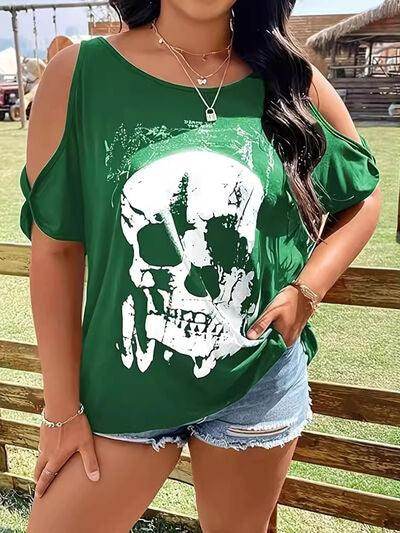 Plus Size Skeleton Graphic Round Neck Cold Shoulder T-Shirt - Selvanelle