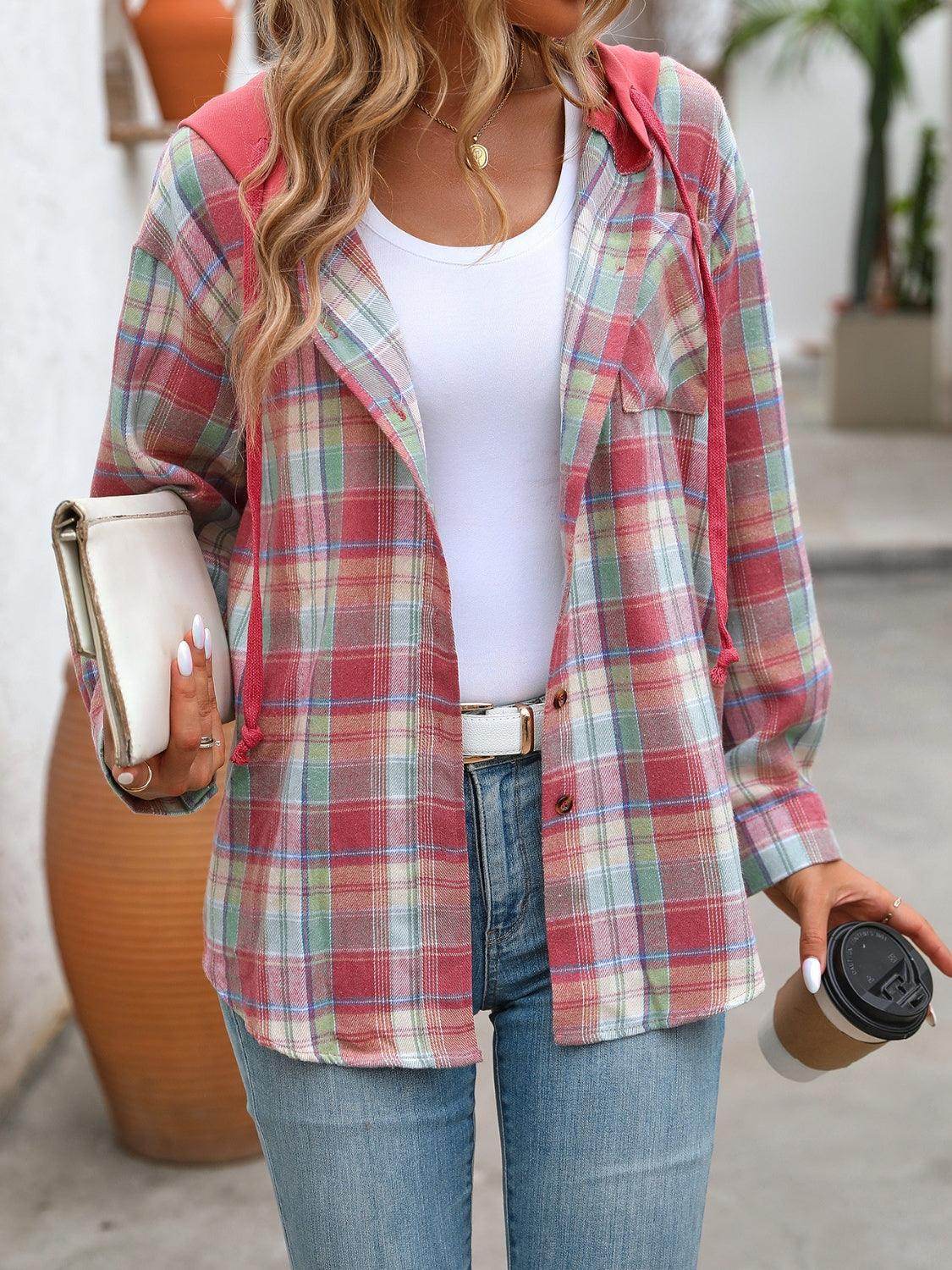 Plaid Long Sleeve Hooded Jacket for Women with Pockets - Selvanelle
