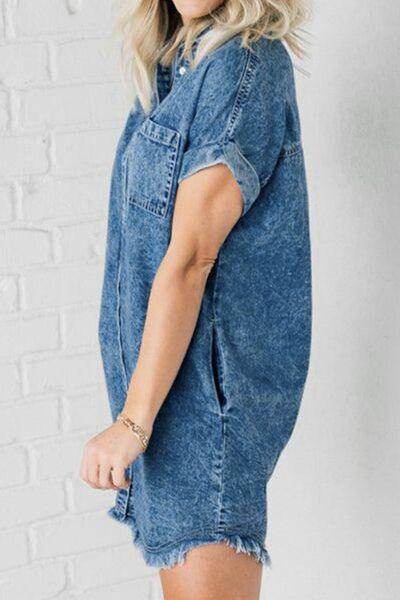 Raw Hem Pocketed Cap Sleeve Denim Dress for Women - Selvanelle