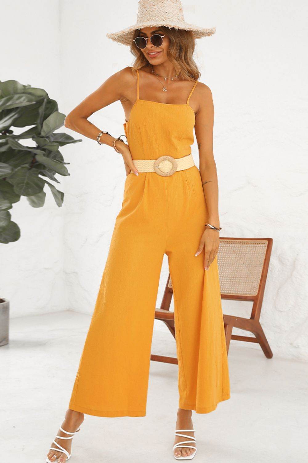 Shiny Cutout Spaghetti Strap Tie Back Wide Leg Jumpsuit - Selvanelle