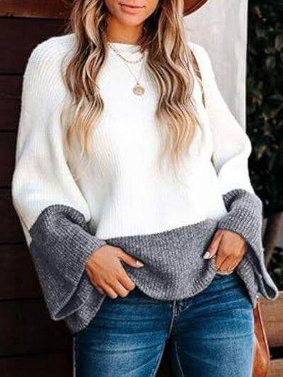 Contrast Round Neck Long Sleeve Sweater for Women Stylish - Selvanelle
