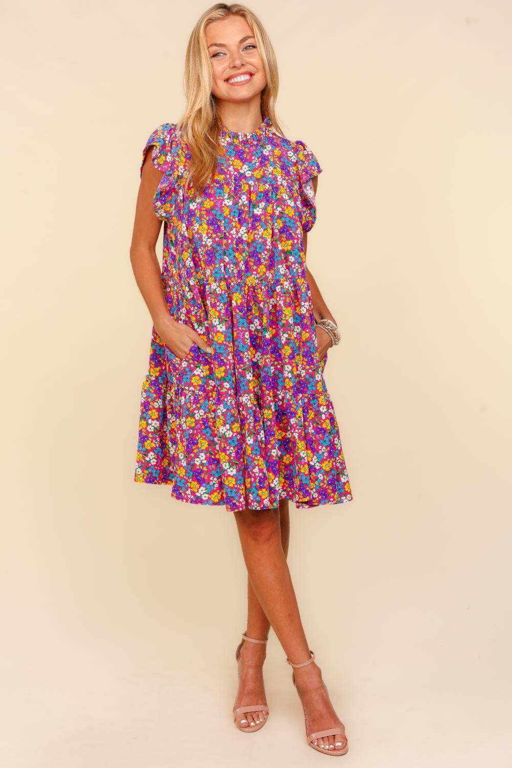 Haptics Frilled Mock Neck Ditsy Floral Dress for Women - Selvanelle