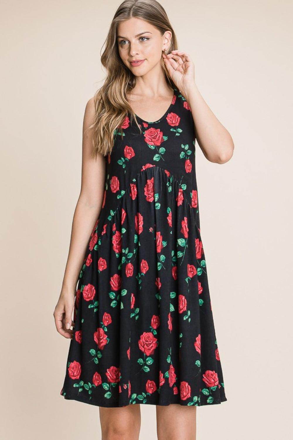 BOMBOM Floral Ruched Tank Dress for Summer Style - Selvanelle