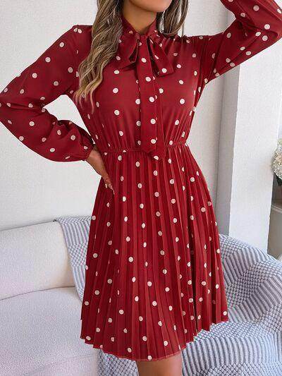 Polka Dot Tie Neck Pleated Dress for Stylish Occasions - Selvanelle