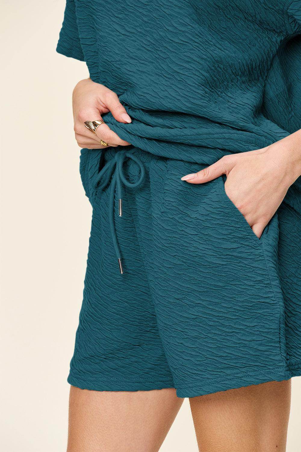 Double Take Full Size Texture Short Sleeve T-Shirt and Drawstring Shorts Set - Selvanelle