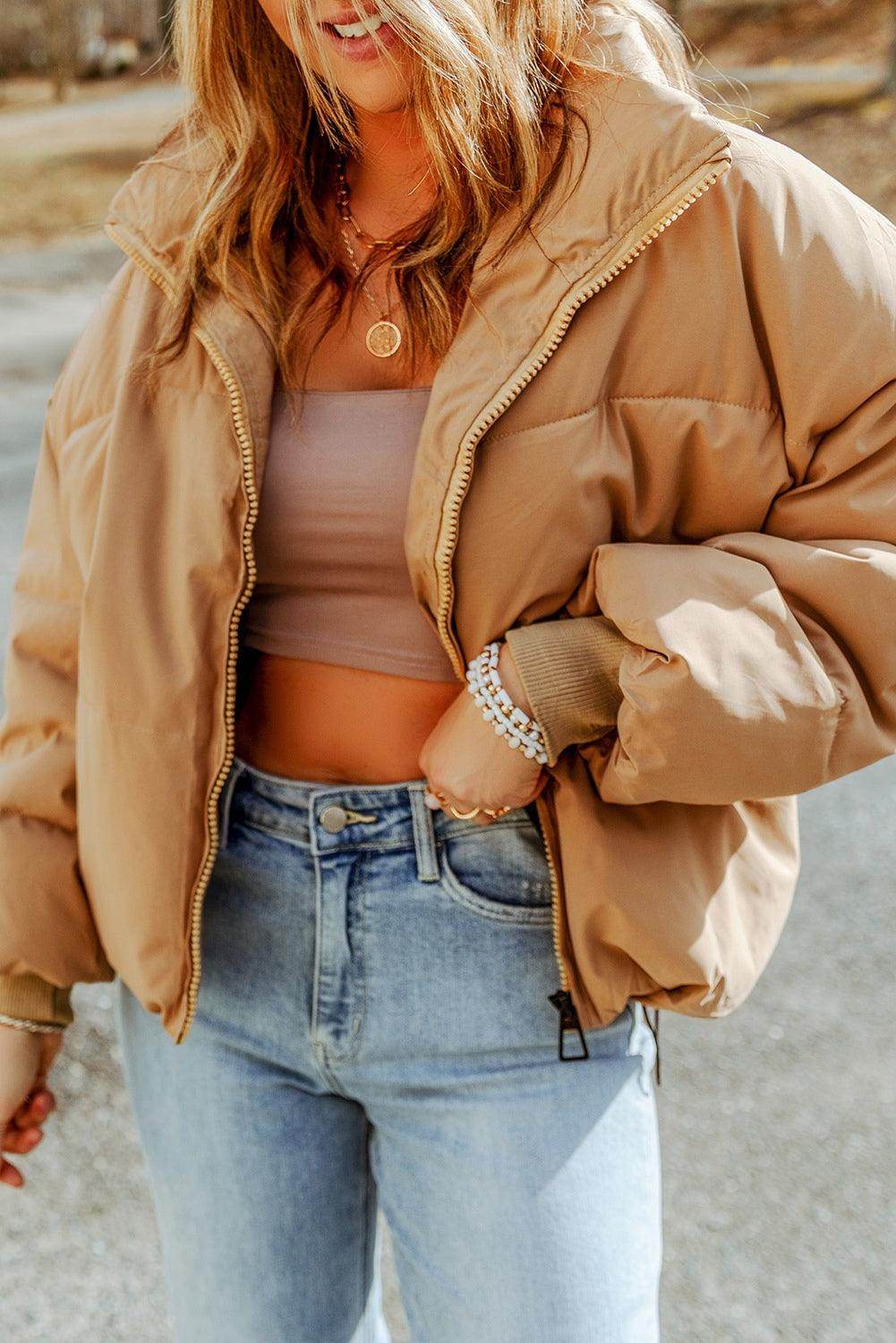 Zip Up Collared Neck Coat with Pockets for Women - Selvanelle