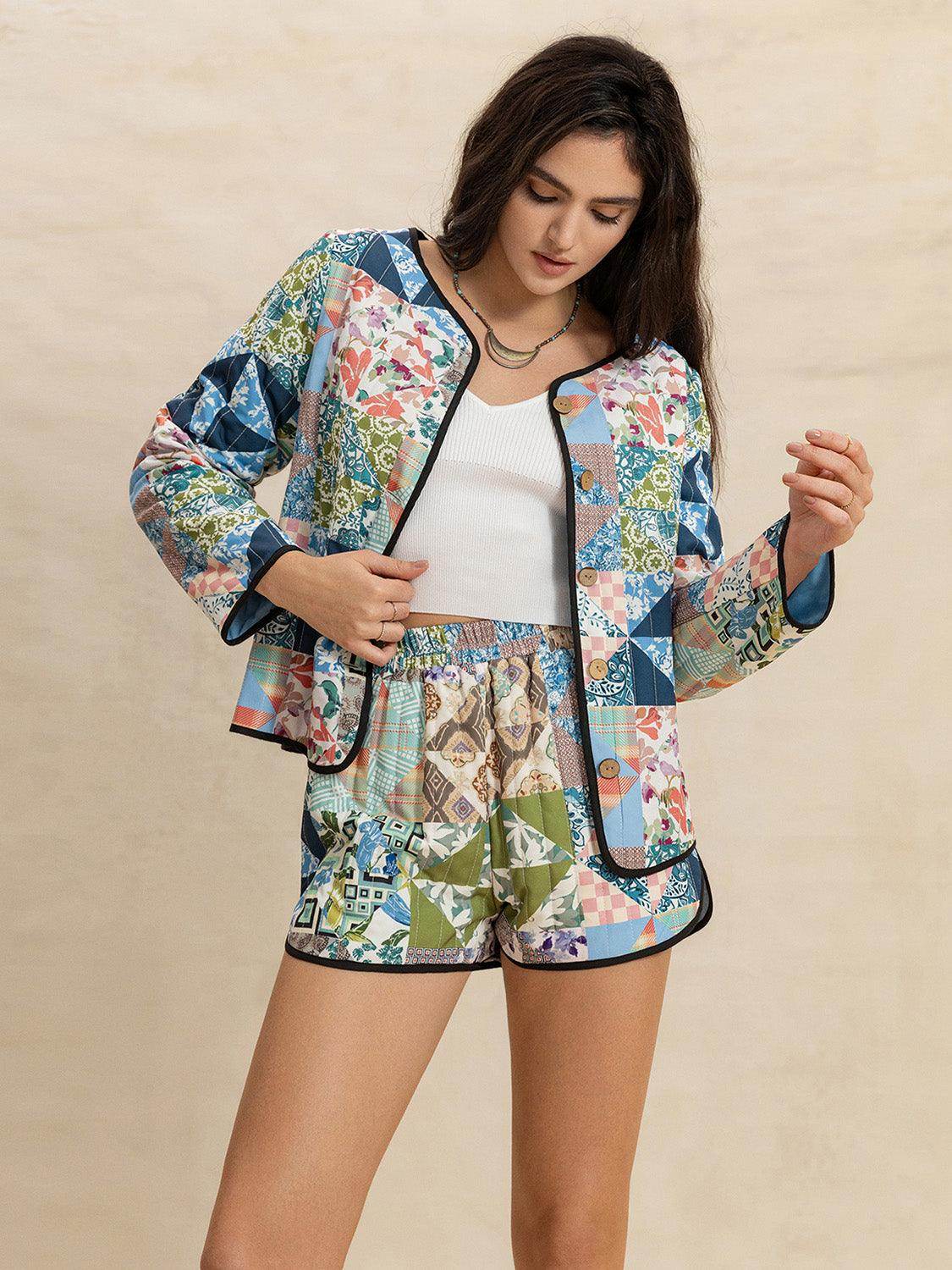 Printed Button Up Long Sleeve Outerwear and Shorts Set - Selvanelle