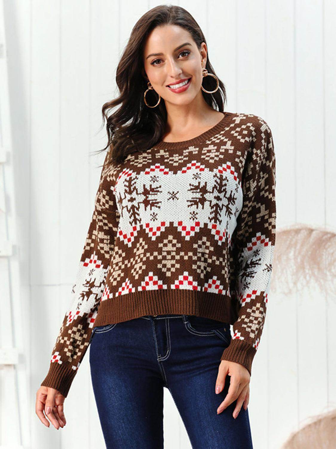 Snowflake Pattern Round Neck Sweater for Cozy Winter Style - Selvanelle