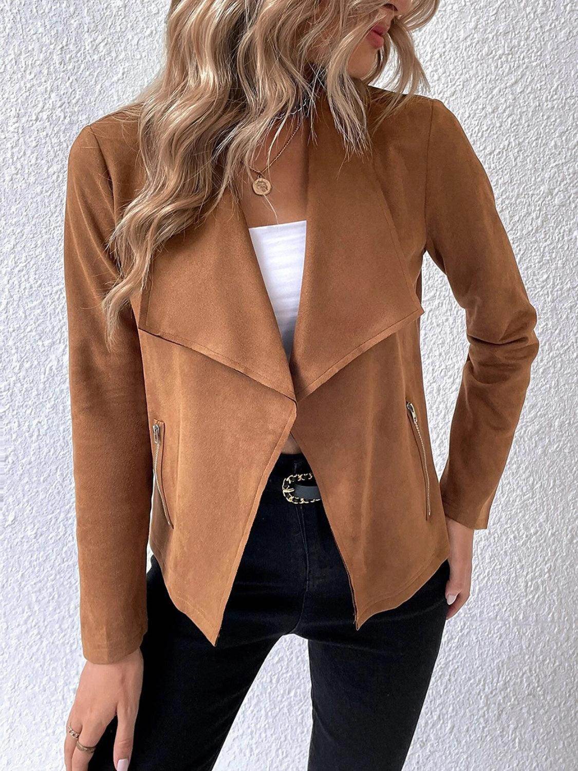 Collared Neck Long Sleeve Jacket for Everyday Wear - Selvanelle