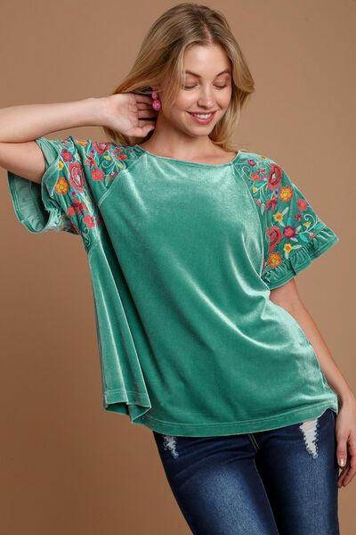 Umgee Velvet Embroidery Short Sleeve Blouse for Women - Selvanelle