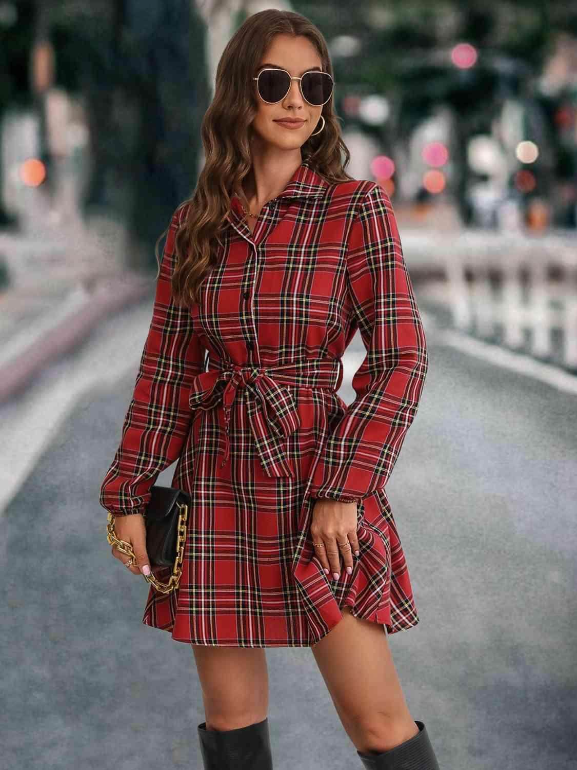 Plaid Tie Front Collared Neck Long Sleeve Dress For Women - Selvanelle