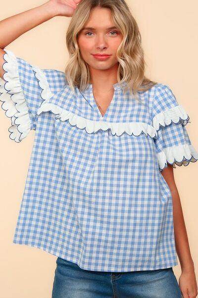 Haptics Full Size Plaid Scallop Hem Notched Blouse - Selvanelle