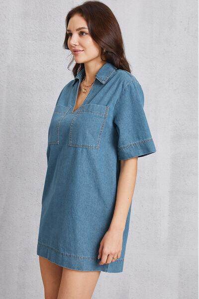 Stylish Pocketed Collared Neck Mini Denim Dress for Women - Selvanelle