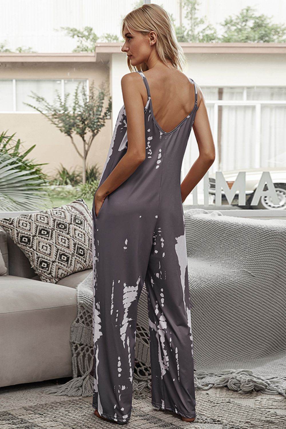Shiny Tie-Dye Spaghetti Strap Jumpsuit with Pockets - Selvanelle