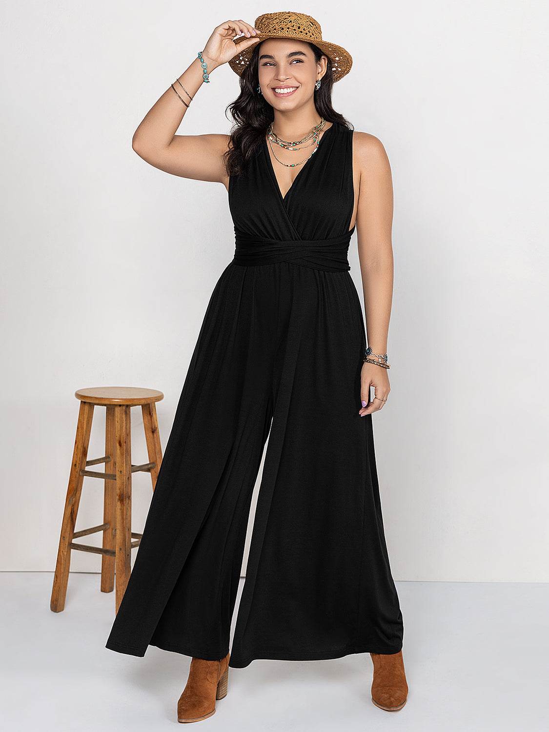 Plus Size V-Neck Wide Leg Jumpsuit - Selvanelle