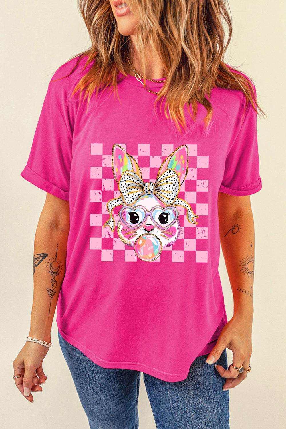 Rabbit Graphic Round Neck Short Sleeve T-Shirt - Selvanelle