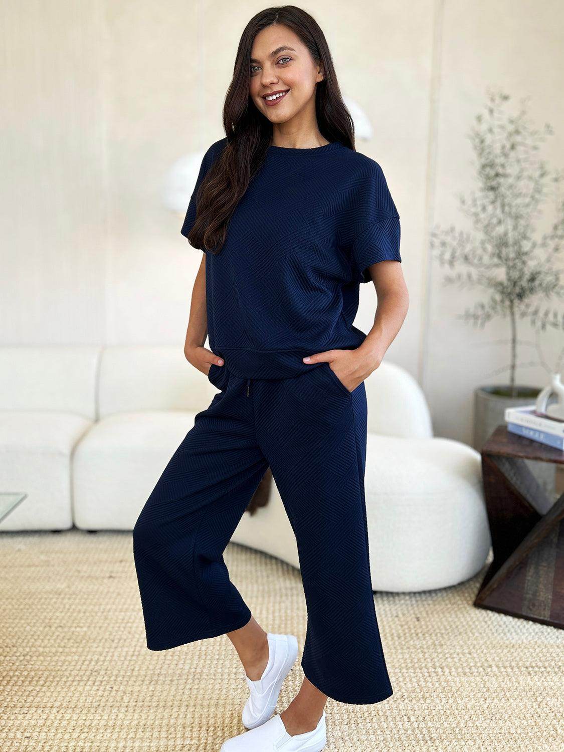 Double Take Full Size Texture Top and Pants Set for Women - Selvanelle