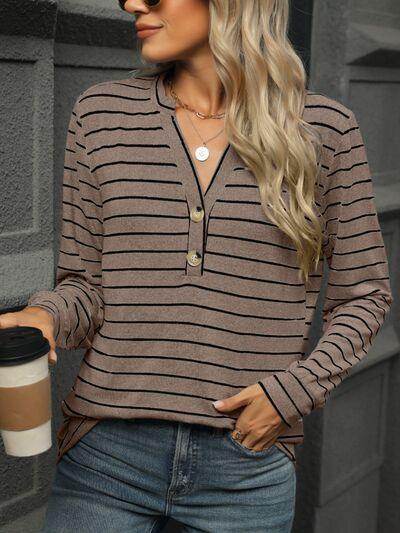 Striped Notched Long Sleeve T-Shirt for Casual Style - Selvanelle