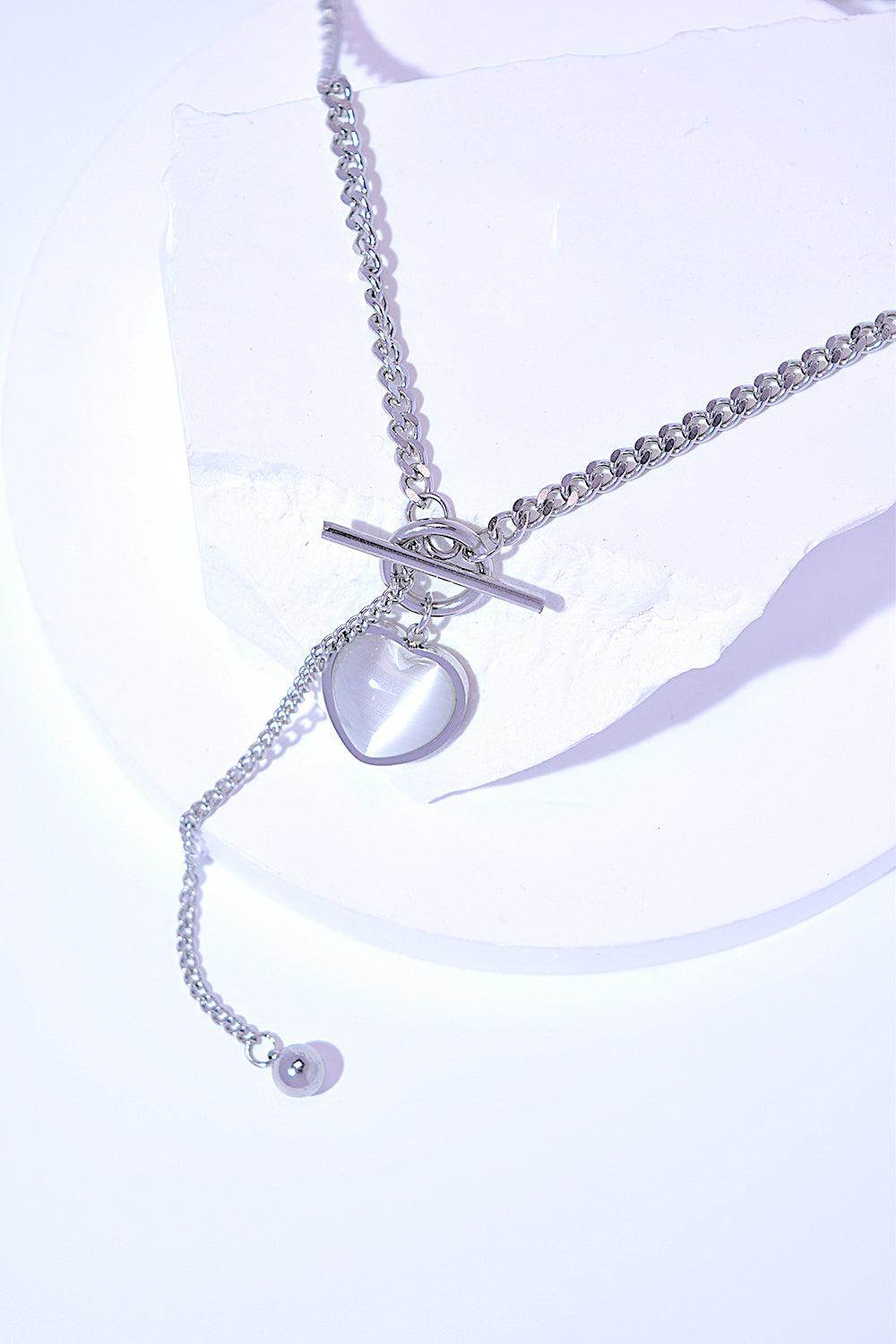 Titanium Steel Heart Necklace with Cat's Eye Stone - Selvanelle