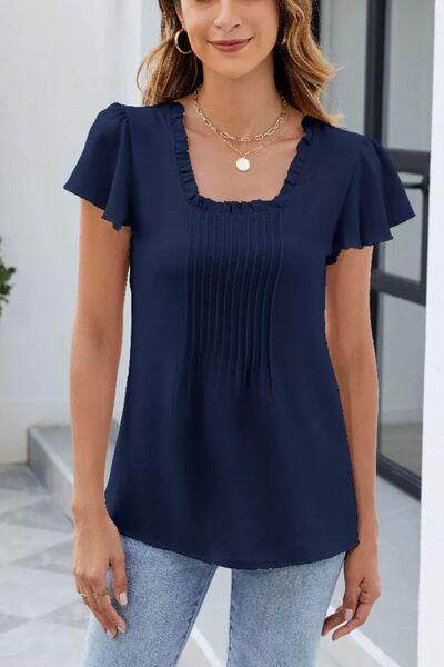 Frill Square Neck Flutter Sleeve Blouse in Polyester - Selvanelle