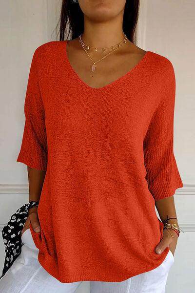 V-Neck Three-Quarter Sleeve Knit Top for Women Casual Wear - Selvanelle