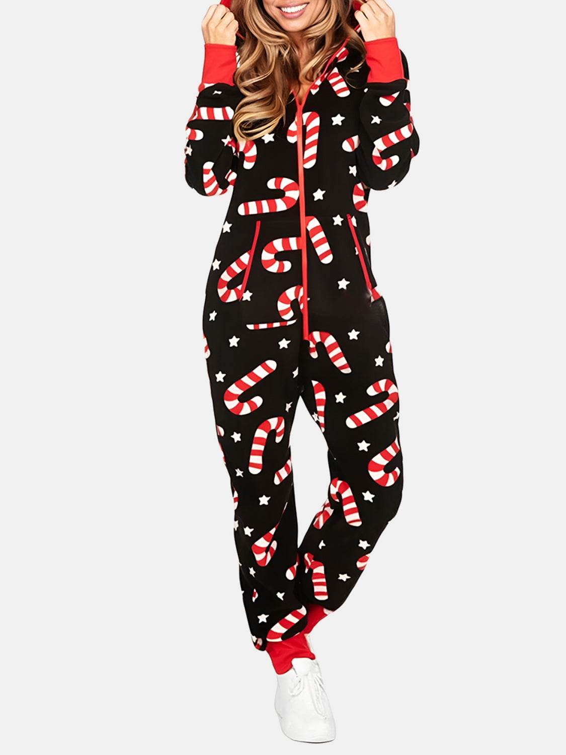 Printed Zip Up Long Sleeve Hooded Jumpsuit - Selvanelle