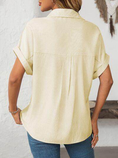 Mandy Pocketed Striped Collared Neck Short Sleeve Shirt - Selvanelle