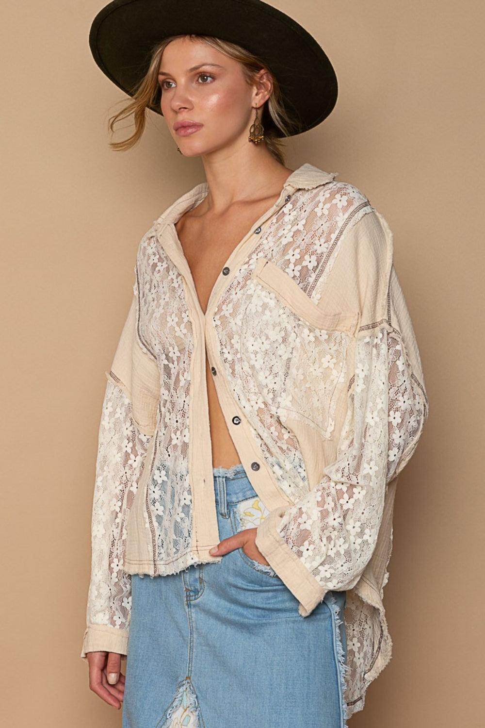 POL Oversize Lace Button-Down Shirt for Stylish Comfort - Selvanelle