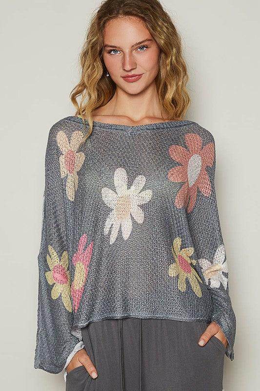 POL Flower Dropped Shoulder Long Sleeve Knit Top for Women - Selvanelle