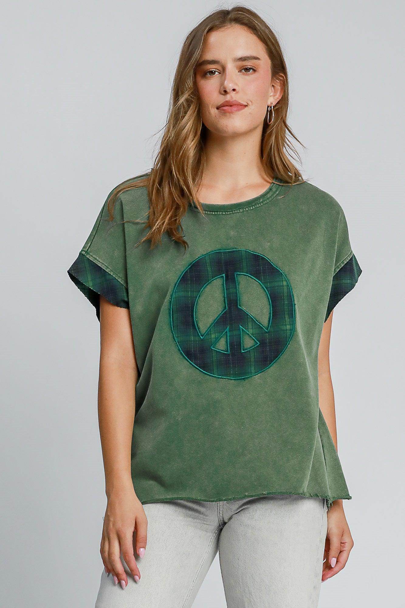 Umgee Peace Applique Round Neck French Terry Top for Women - Selvanelle