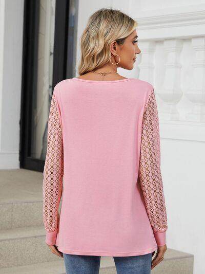 Cutout Round Neck Long Sleeve T-Shirt with Lace Detail - Selvanelle