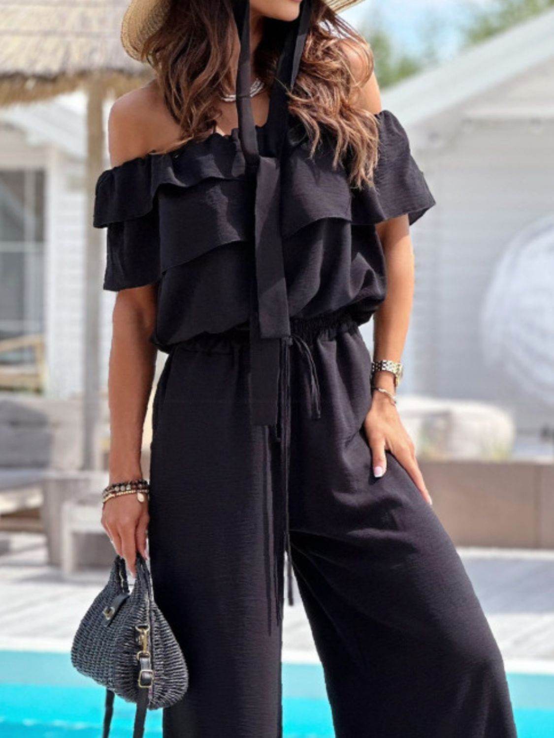 Ruffled Off Shoulder Wide Leg Jumpsuit - Selvanelle