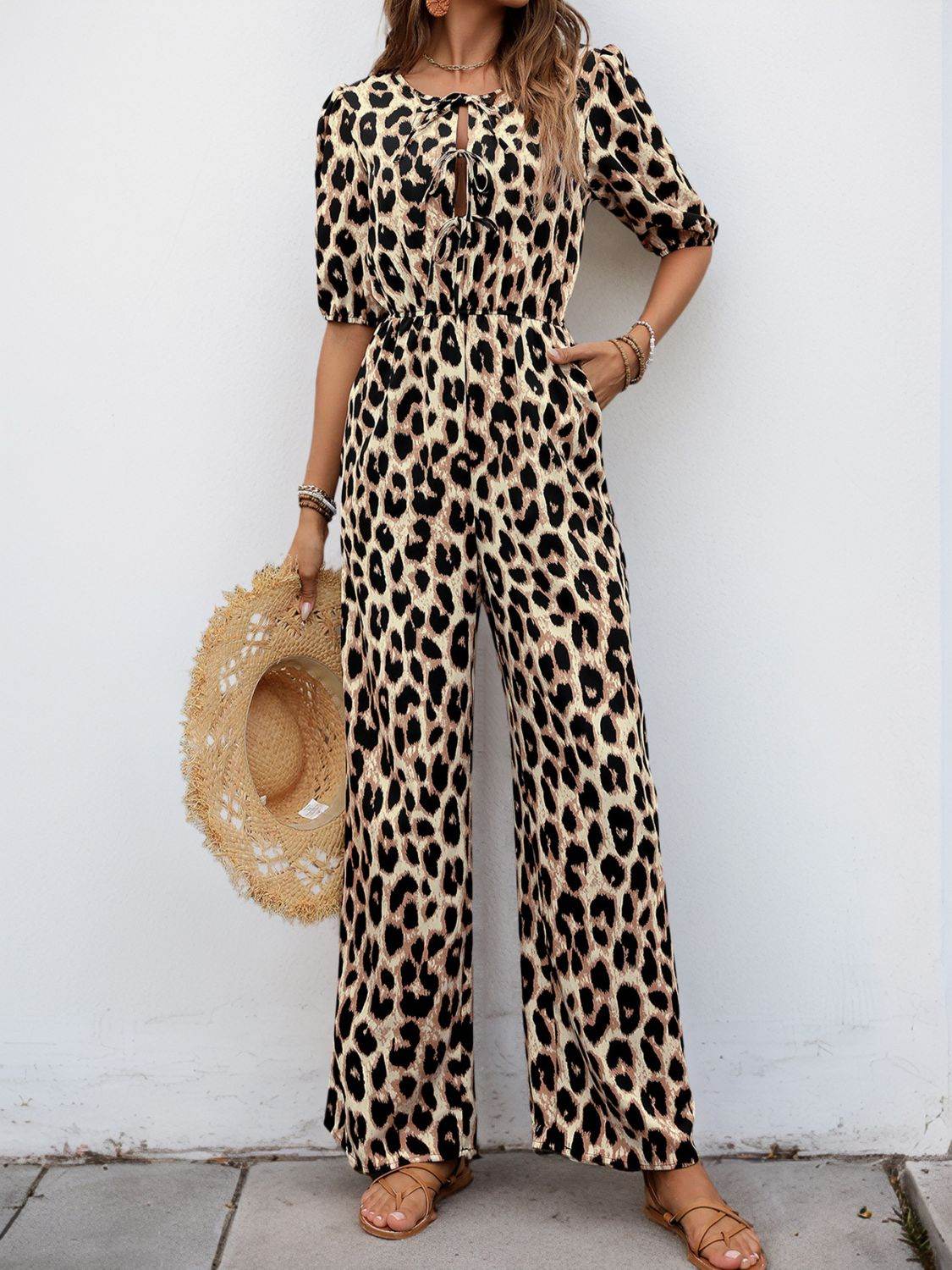 Perfee Tied Leopard Half Sleeve Jumpsuit - Selvanelle