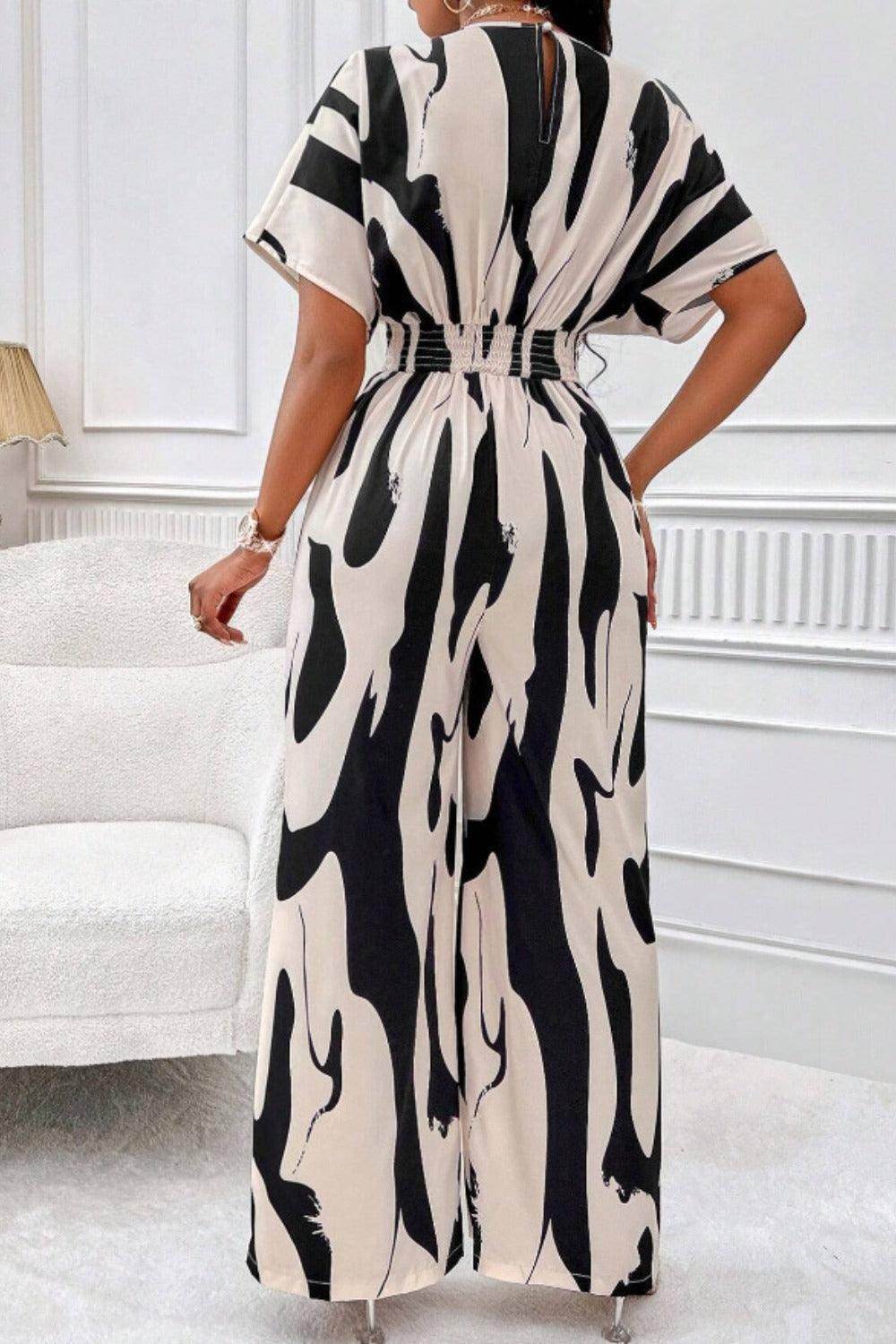 Printed V-Neck Short Sleeve Wide Leg Jumpsuit for Women - Selvanelle