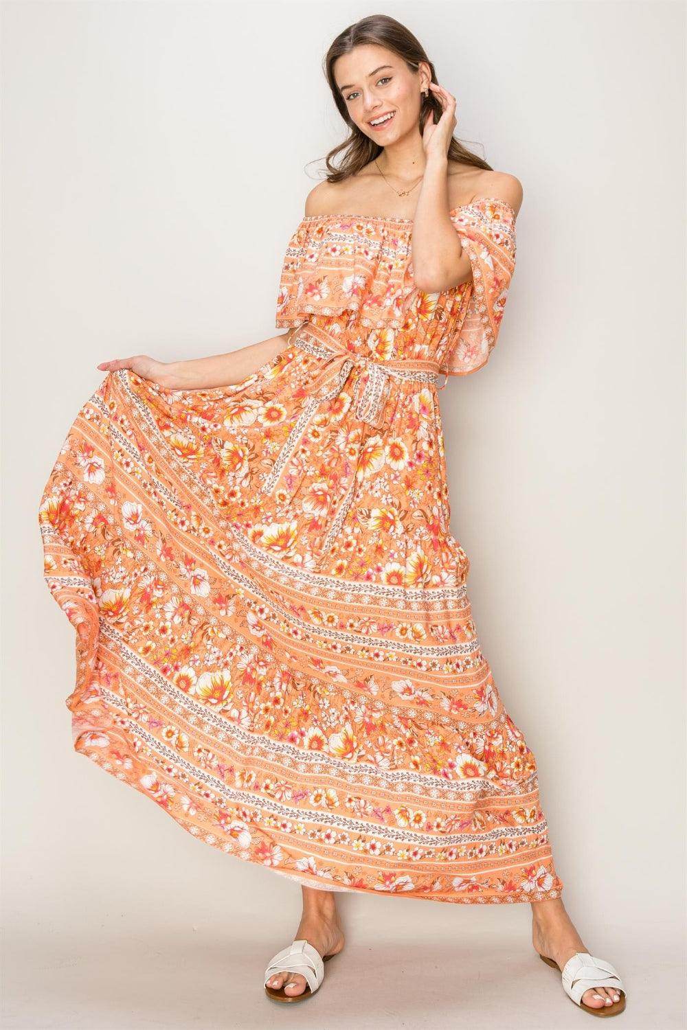 HYFVE Floral Off-Shoulder Tie Front Maxi Dress for Women - Selvanelle