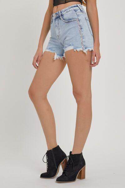 RISEN Full Size High Rise Rhinestone Strap Denim Shorts - Selvanelle