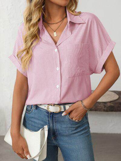 Mandy Pocketed Striped Collared Neck Short Sleeve Shirt - Selvanelle
