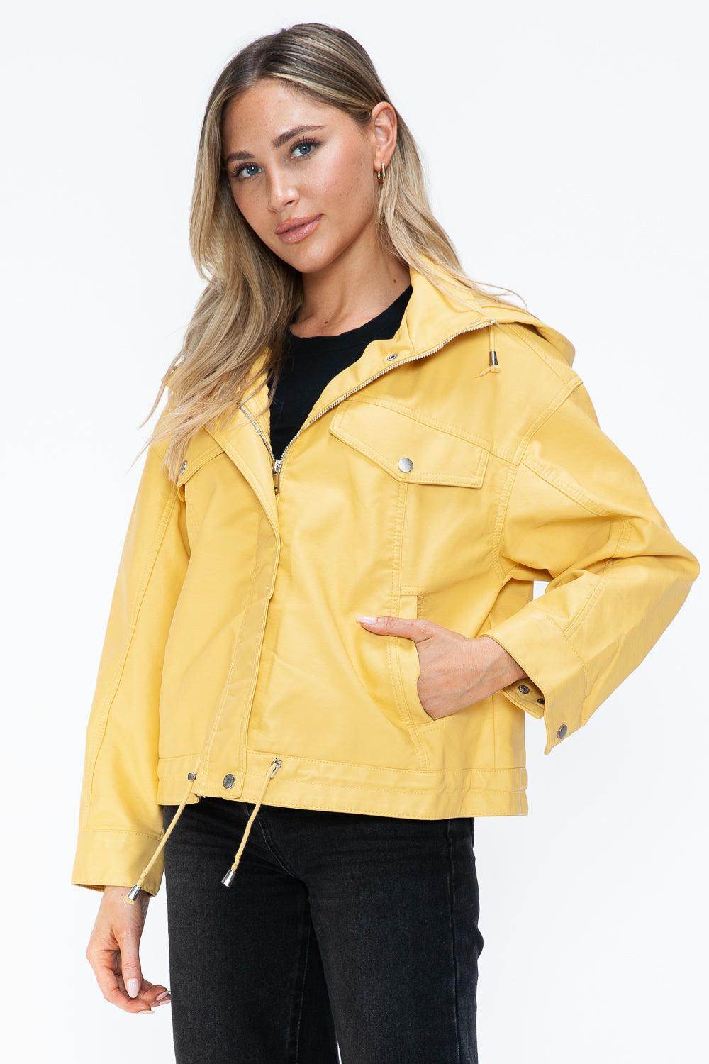 How Dare U Drawstring Hem PU Leather Zip Up Jacket for Women - Selvanelle