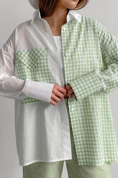 Two-Tone Plaid Button Down Long Sleeve Shirt for Women - Selvanelle