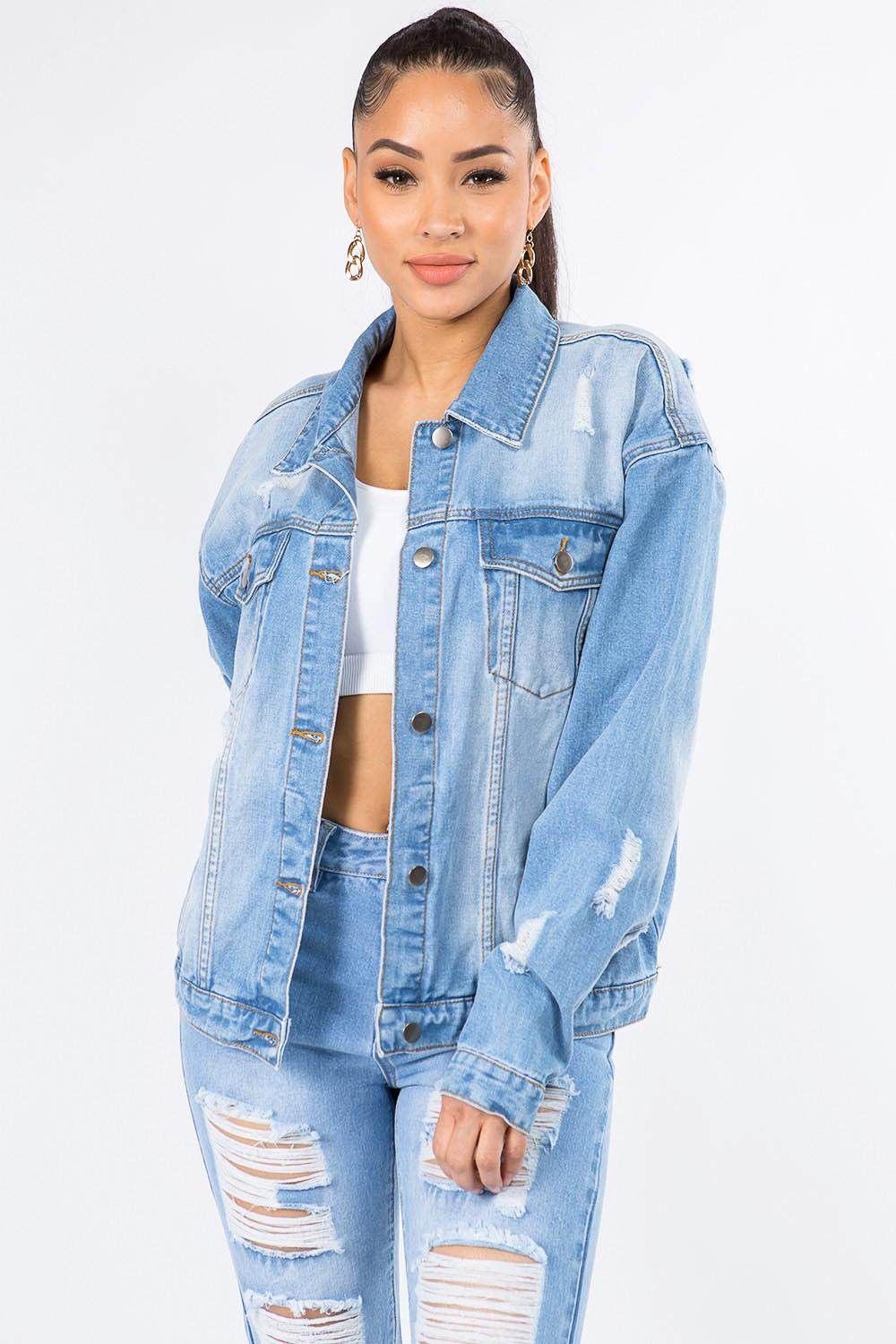 American Bazi Graphic Distressed Long Sleeve Denim Jacket - Selvanelle